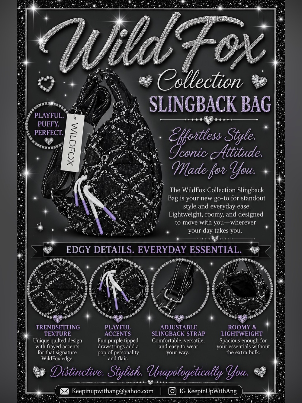 Wildfox Black Quilted Slingback Bag with White & Lavender Accents